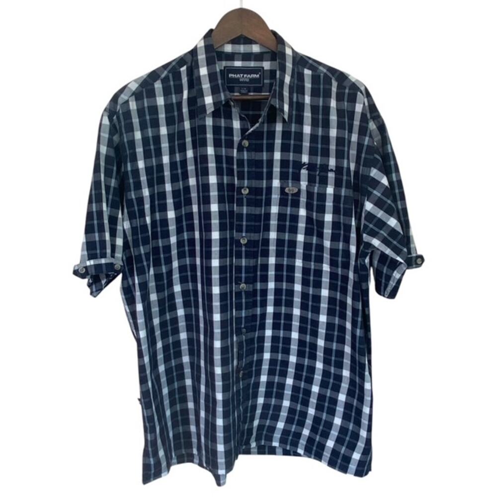 Phat Farm Navy and White Button Up Shirt - Large
